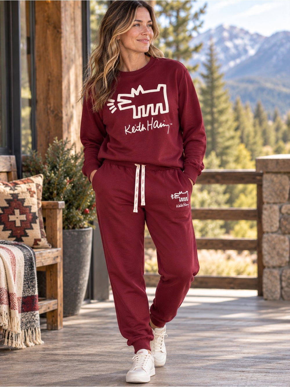 KEITH HARING BURGUNDY RED DOG GRAPHIC SWEATSHIRT AND PANTS SIZE XL NWT
